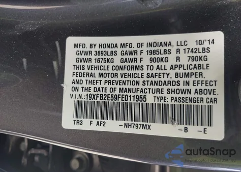 2015 Honda Civic Lx from USA, damaged, VIN 19XFB2E59FE011955